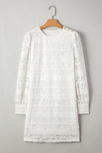 White Lace Floral Round Neck Puff Sleeve Shift Mini Dress