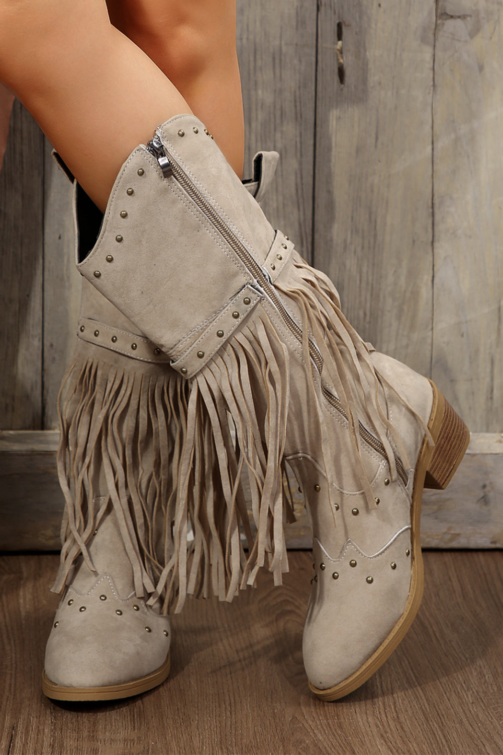 Jet Stream Faux Suede Studded Fringe Trim Heel Boots