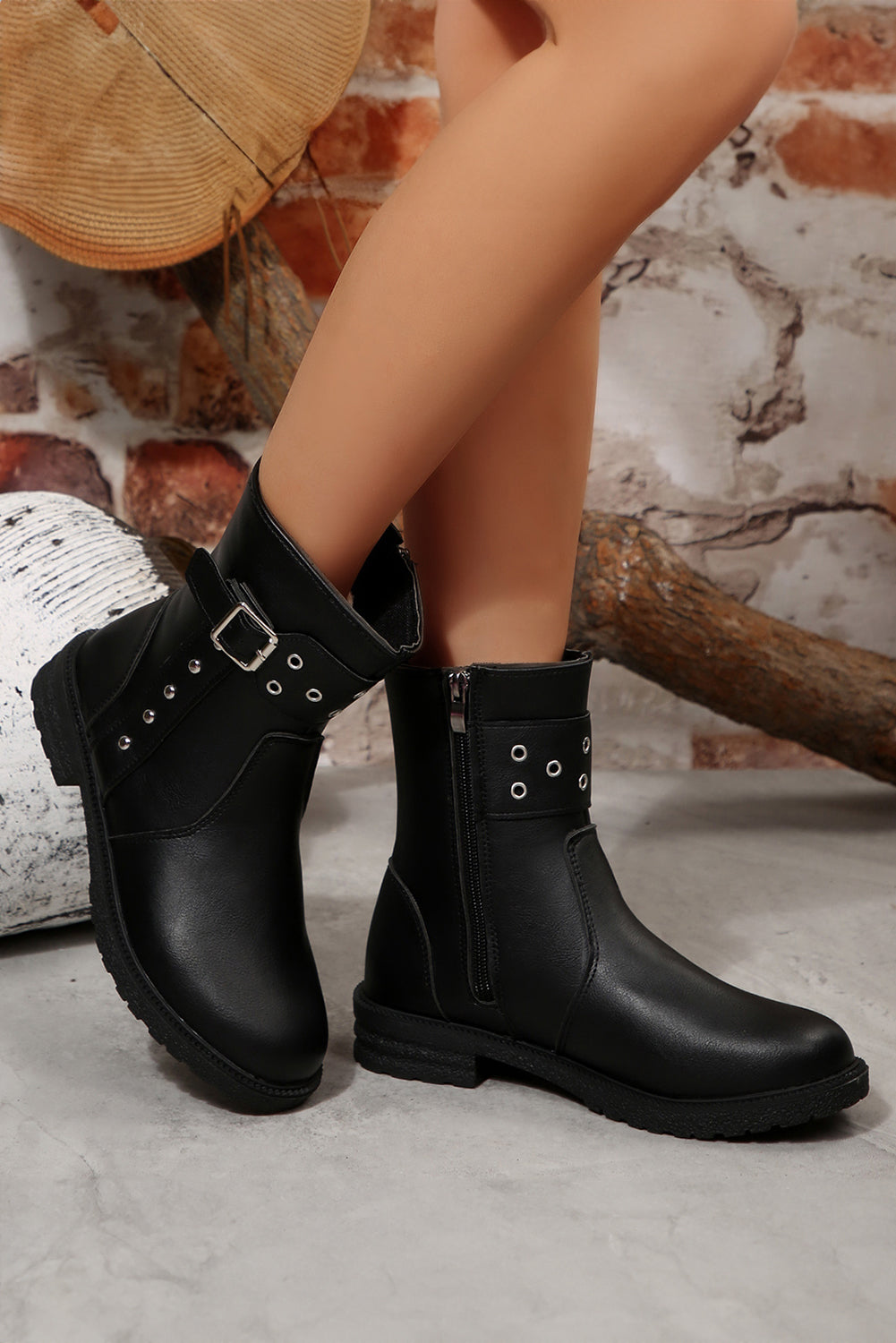 Black Studded Buckle Decor Side Zip Faux Leather Boots