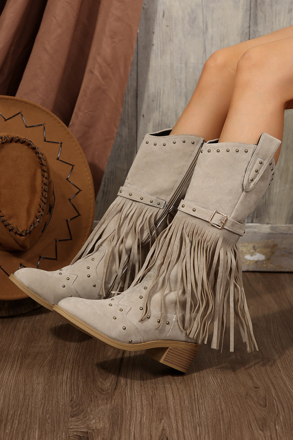 Jet Stream Faux Suede Studded Fringe Trim Heel Boots