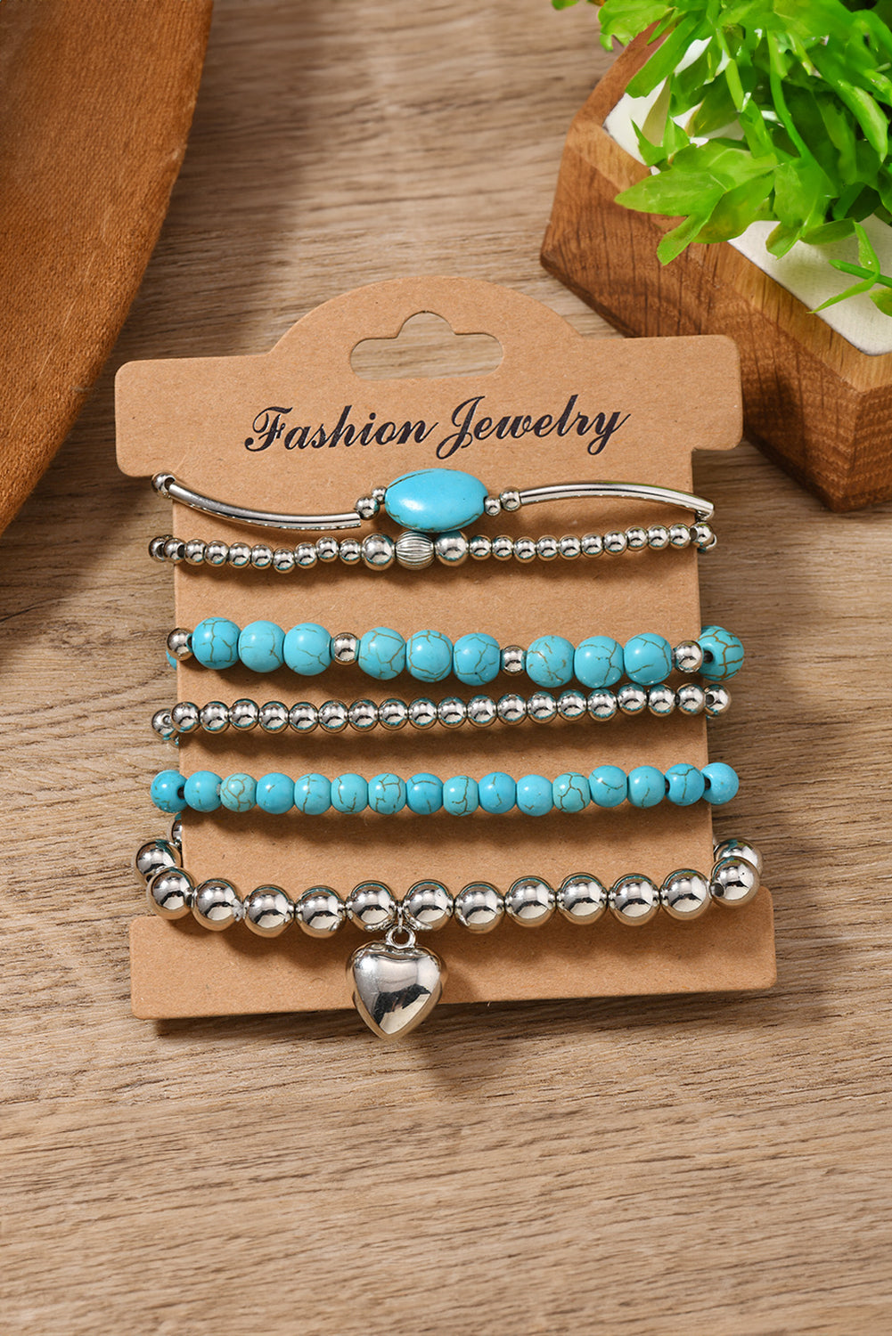 Silvery Heart Pendant Turquoise Beaded Bracelet Set