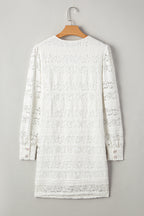 White Lace Floral Round Neck Puff Sleeve Shift Mini Dress