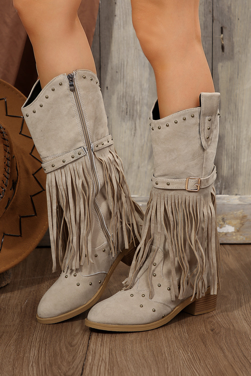 Jet Stream Faux Suede Studded Fringe Trim Heel Boots