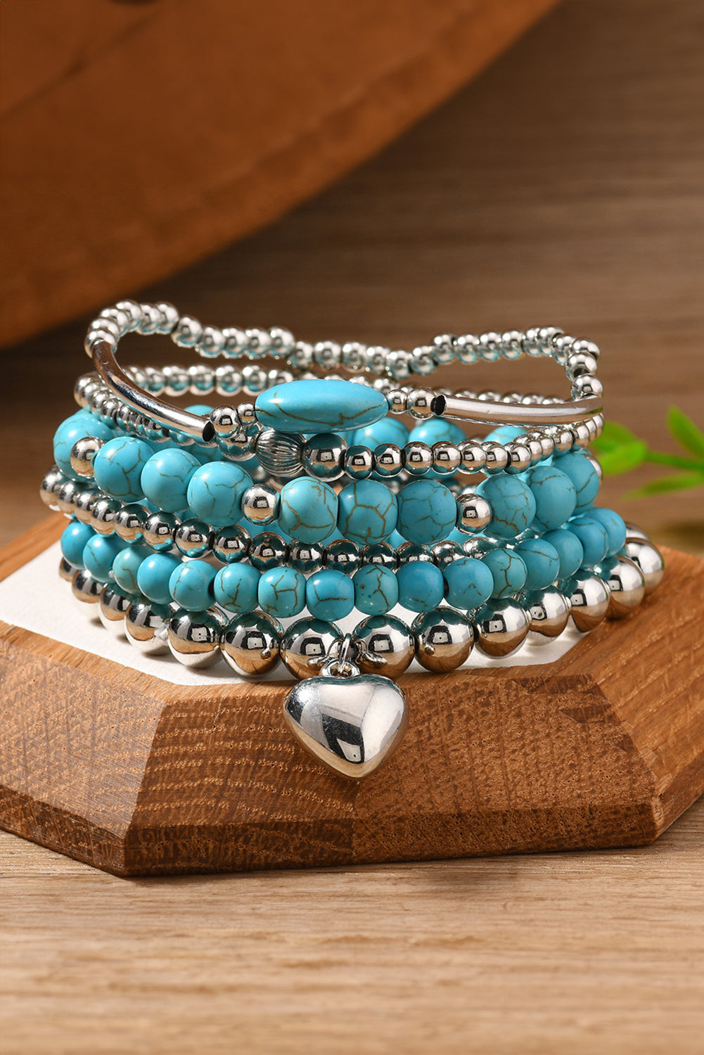 Silvery Heart Pendant Turquoise Beaded Bracelet Set