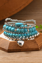 Silvery Heart Pendant Turquoise Beaded Bracelet Set