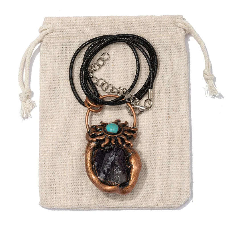 Geometric Natural Stone Leather Rope Copper Pendant Necklace