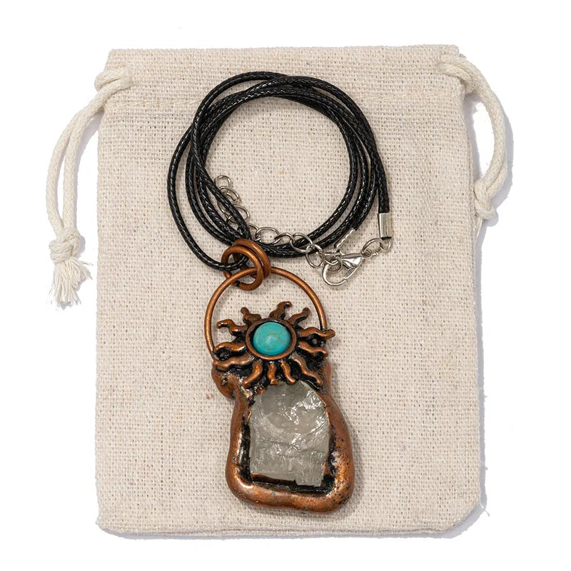Geometric Natural Stone Leather Rope Copper Pendant Necklace