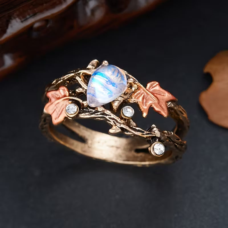 Vintage Bohemian Maple Leaf & Teardrop Moonstone Ring