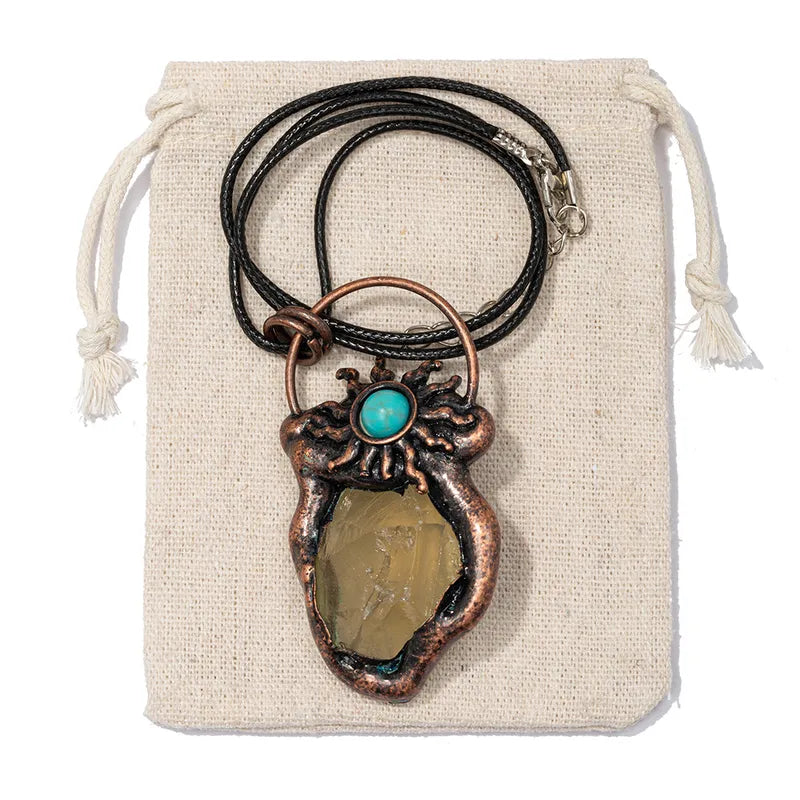 Geometric Natural Stone Leather Rope Copper Pendant Necklace