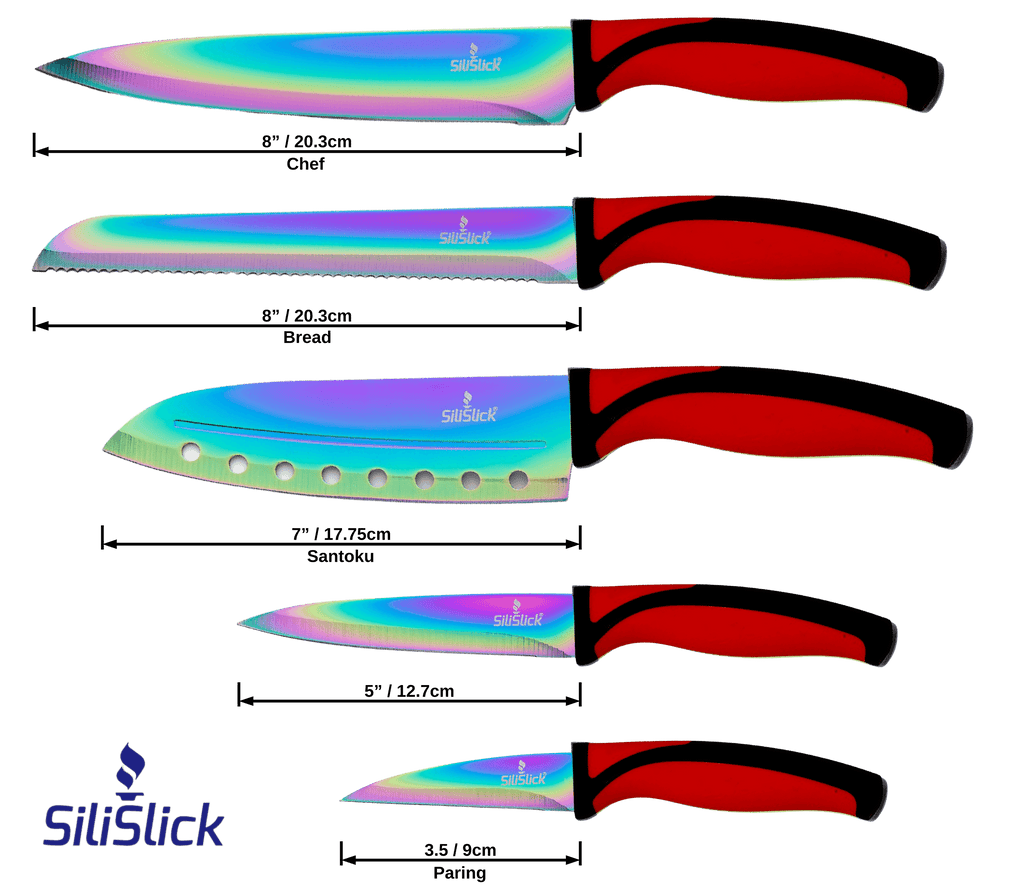 Kitchen Knife Set Kit | Red Handle & Black Magnetic Rack