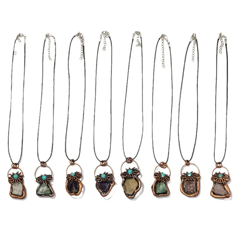 Geometric Natural Stone Leather Rope Copper Pendant Necklace