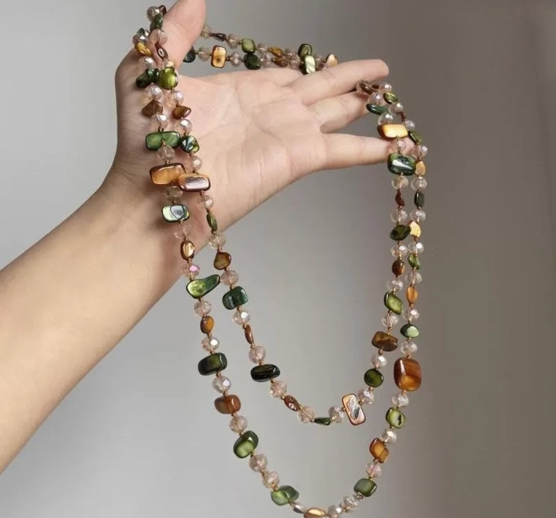 Bohemian Style Long Double Layer Shell Crystal Necklace