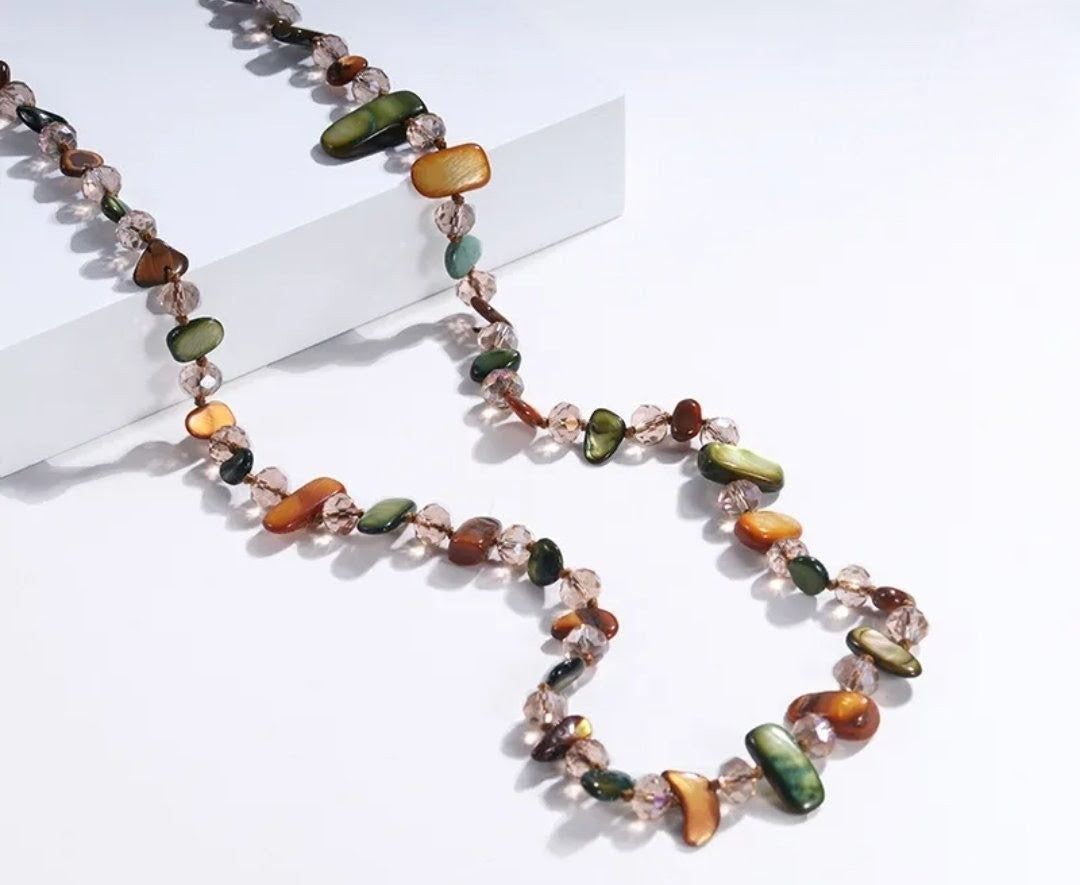 Bohemian Style Long Double Layer Shell Crystal Necklace