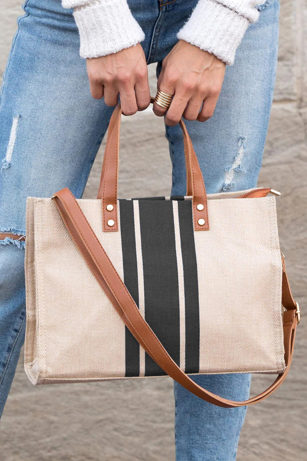 Black Large Striped Shoulder Bag