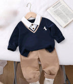 Toddler Boy Vintage Polo Sweater Over Button-Down Shirt & Khaki Pants Set