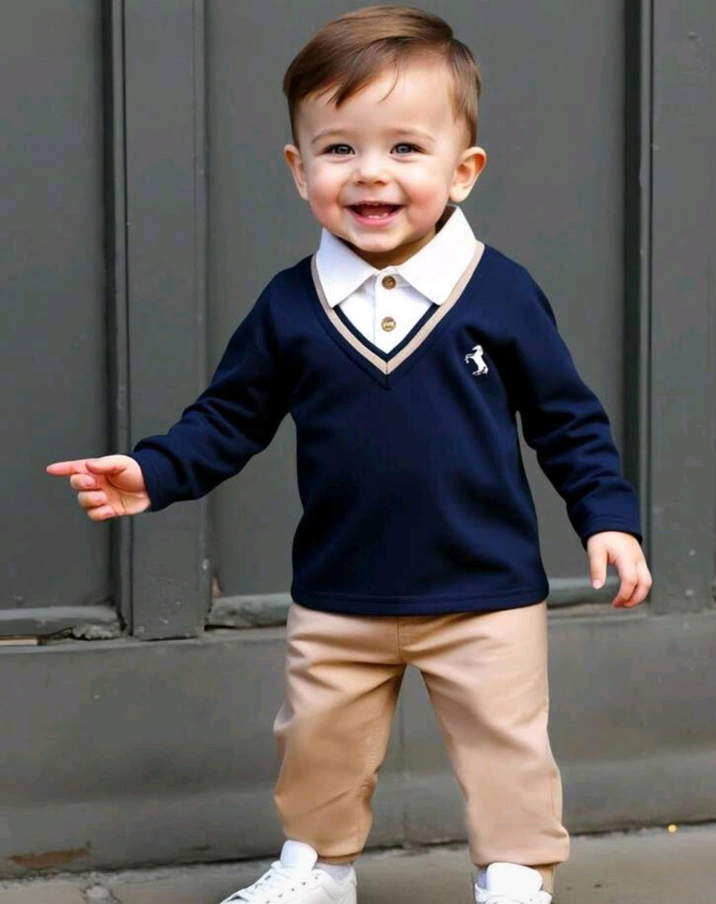 Toddler Boy Vintage Polo Sweater Over Button-Down Shirt & Khaki Pants Set