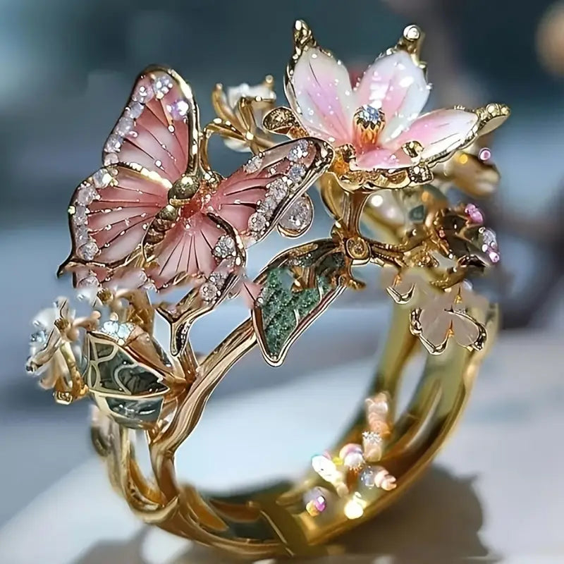 Elegant Pink Butterfly Flower Ring