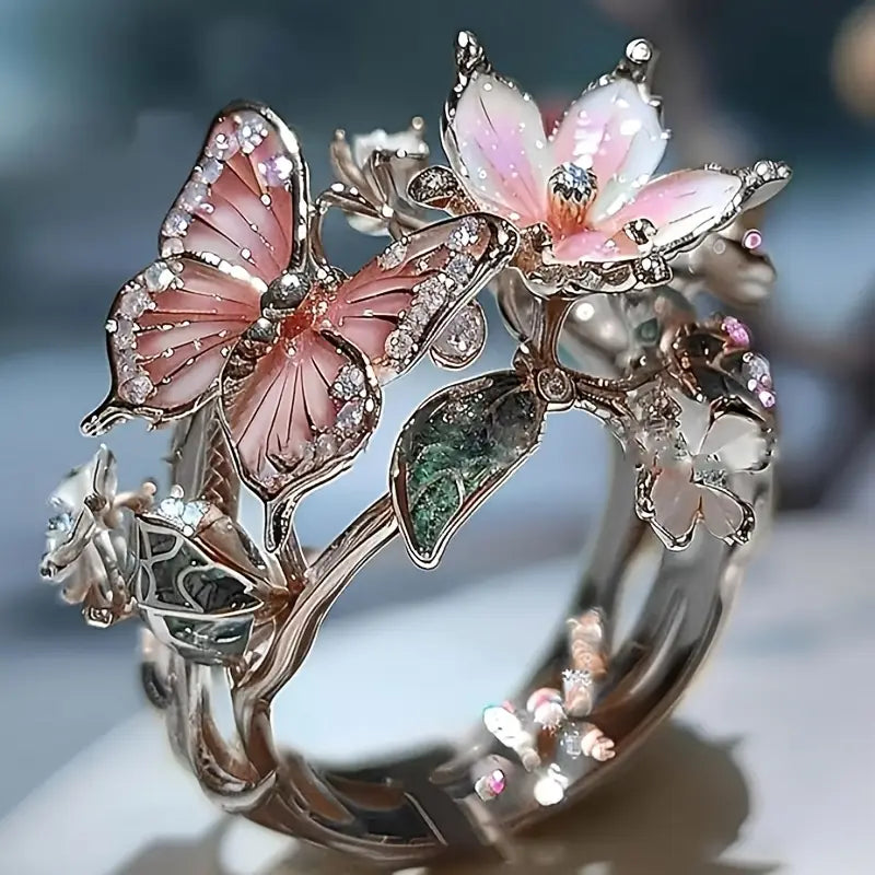 Elegant Pink Butterfly Flower Ring