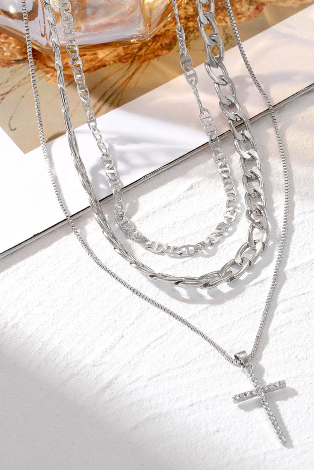 Silvery Rhinestone Cross Pendant Multi Layer Stacked Chain Necklace
