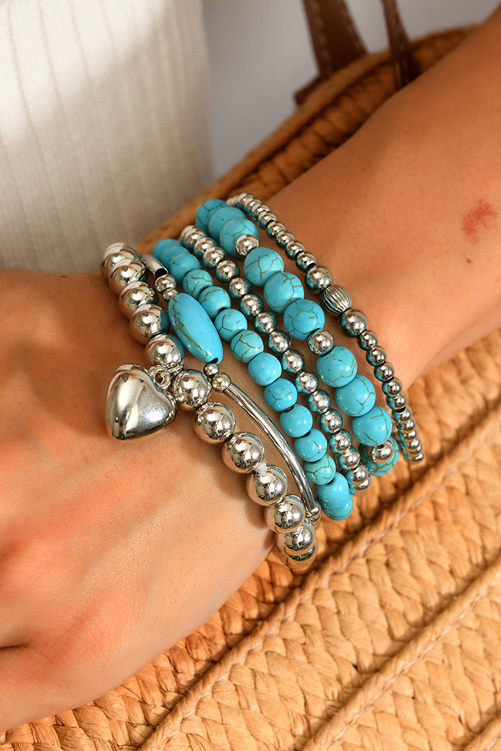 Silvery Heart Pendant Turquoise Beaded Bracelet Set