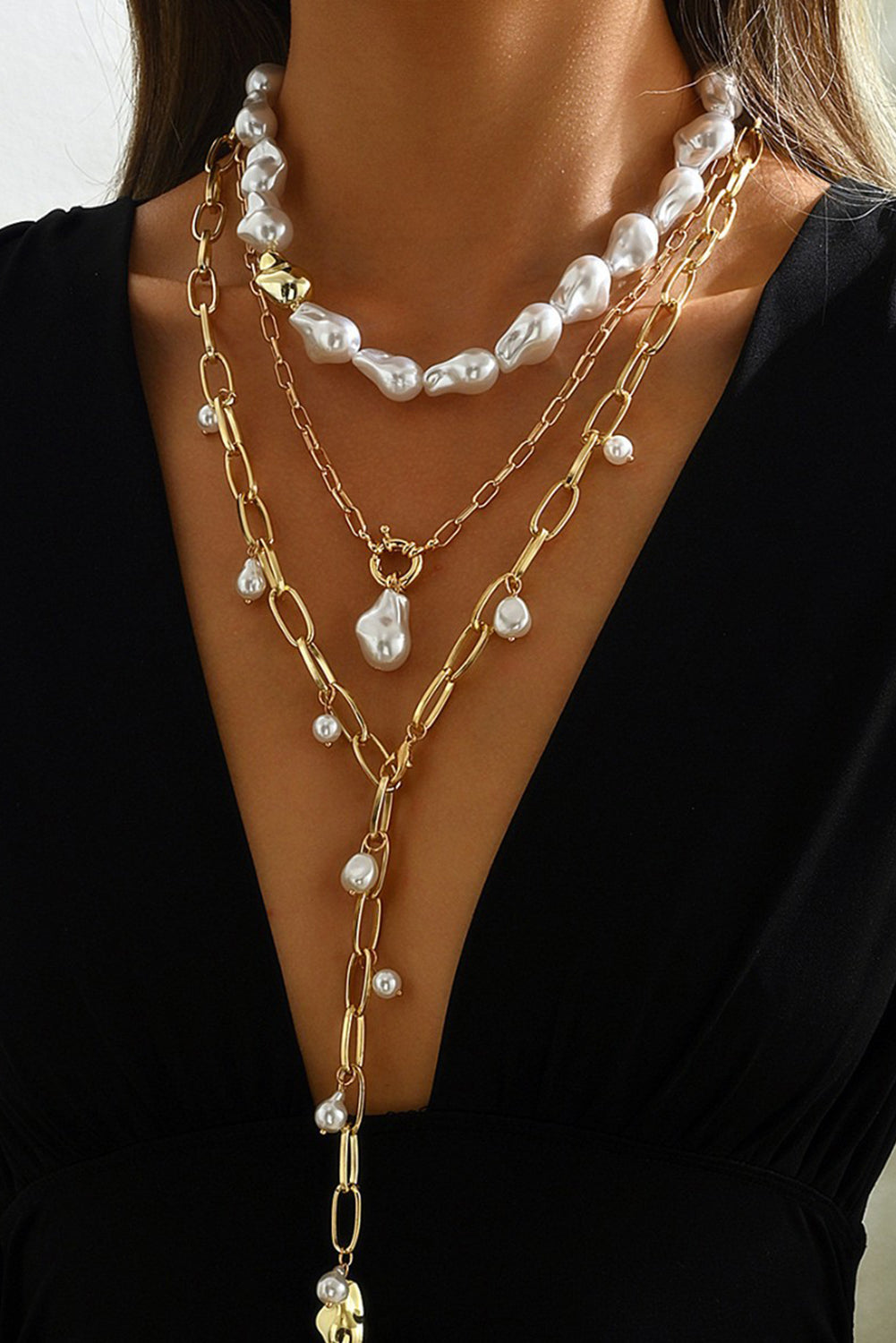 Gold Statement 3pcs Pearl Chain Necklace Set