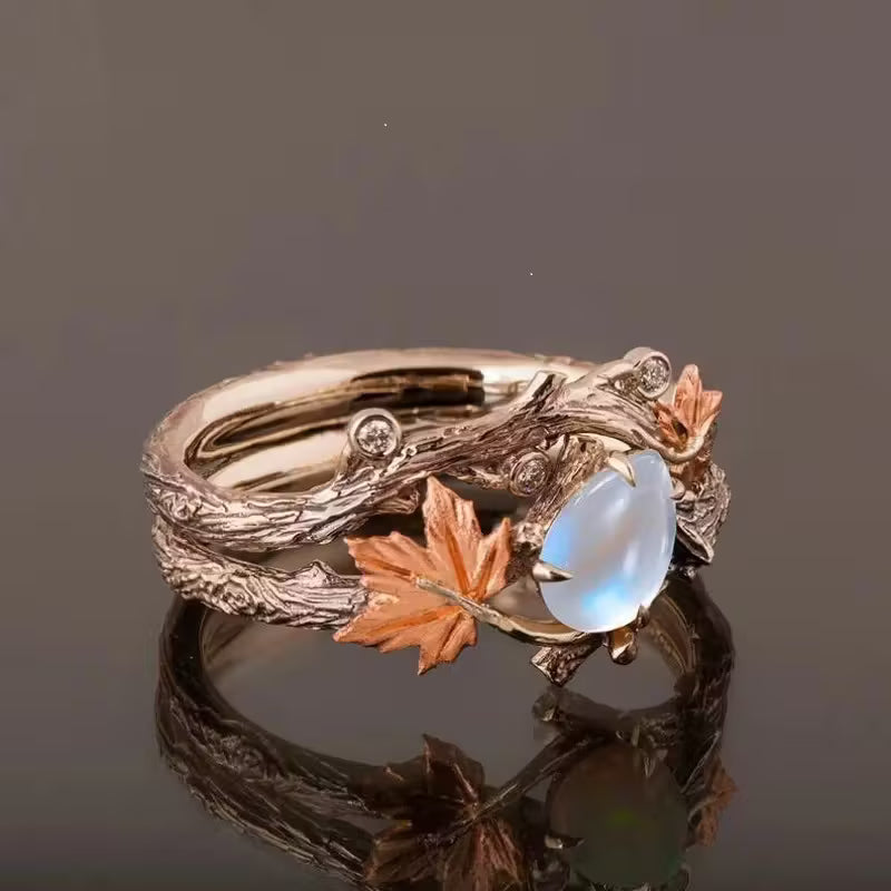 Vintage Bohemian Maple Leaf & Teardrop Moonstone Ring