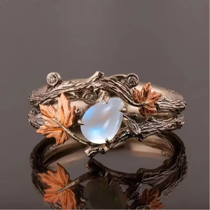Vintage Bohemian Maple Leaf & Teardrop Moonstone Ring