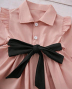 Baby Girl Ruffle Shoulder Train-Back Blouse & Black Bow Belt Pants Set