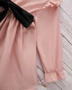 Baby Girl Ruffle Shoulder Train-Back Blouse & Black Bow Belt Pants Set