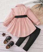 Baby Girl Ruffle Shoulder Train-Back Blouse & Black Bow Belt Pants Set