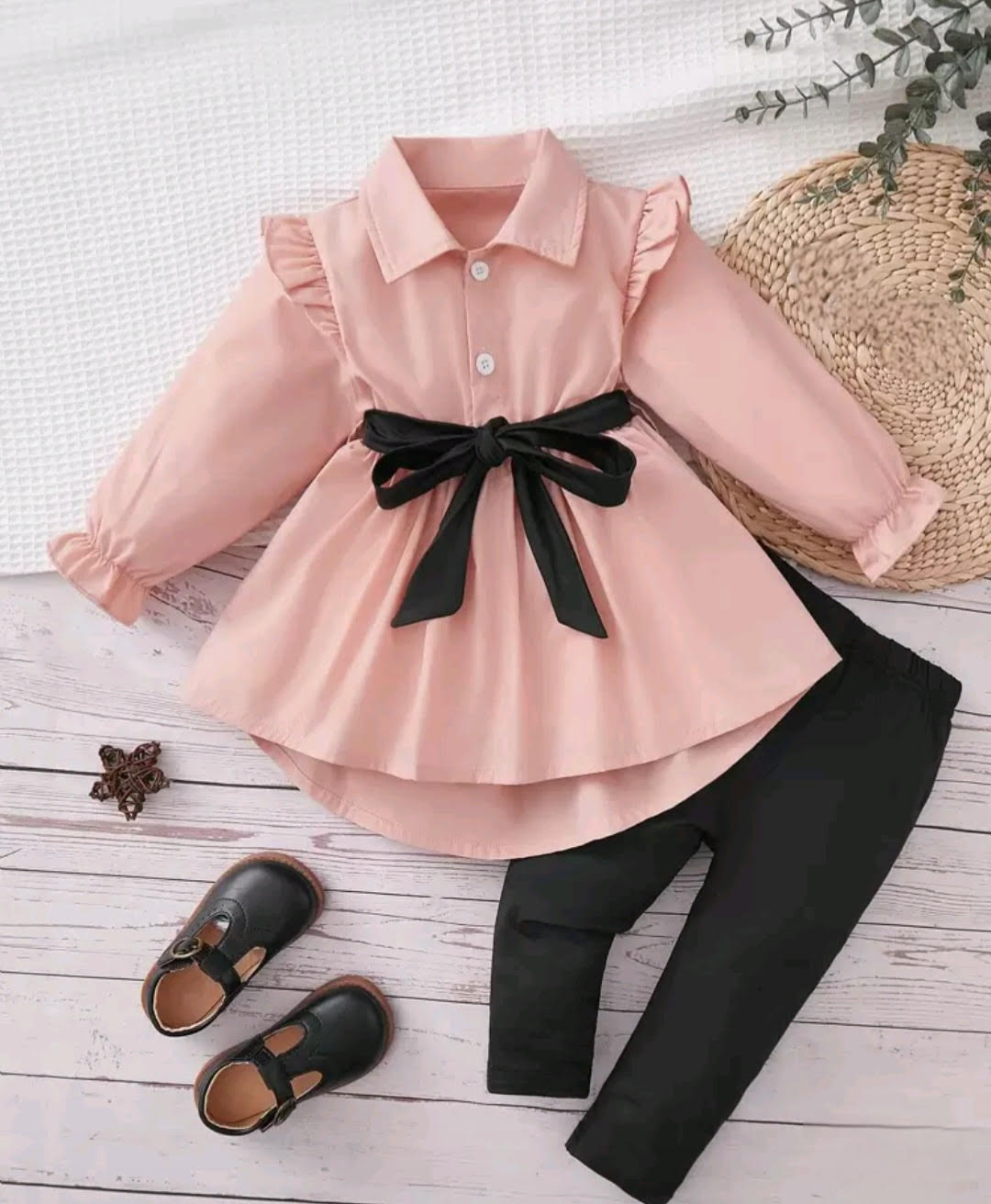Baby Girl Ruffle Shoulder Train-Back Blouse & Black Bow Belt Pants Set