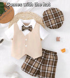 Baby Boy Vintage Plaid 4-Piece Outfit with Bow Tie & Page Boy Hat