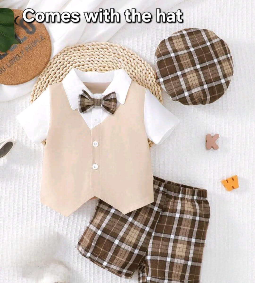Baby Boy Vintage Plaid 4-Piece Outfit with Bow Tie & Page Boy Hat
