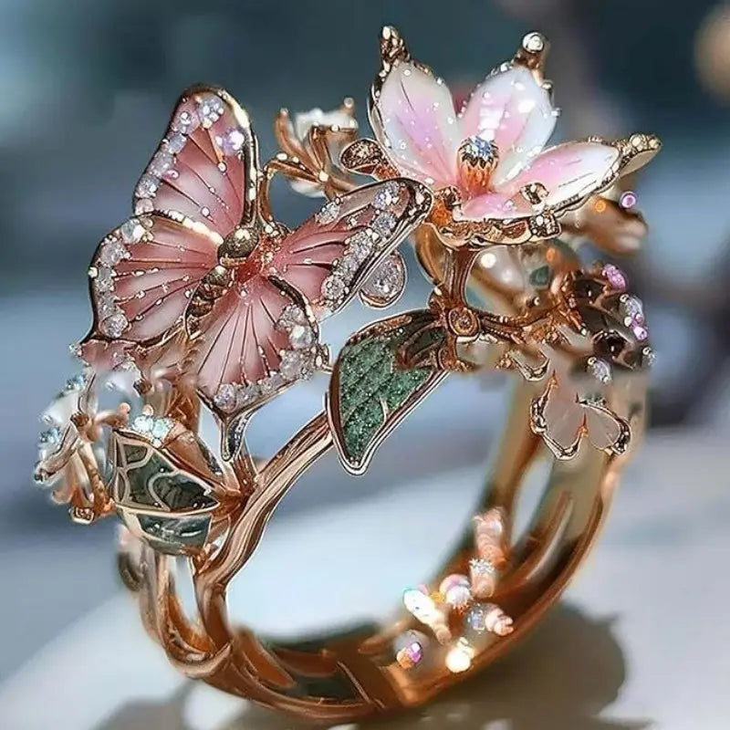 Elegant Pink Butterfly Flower Ring