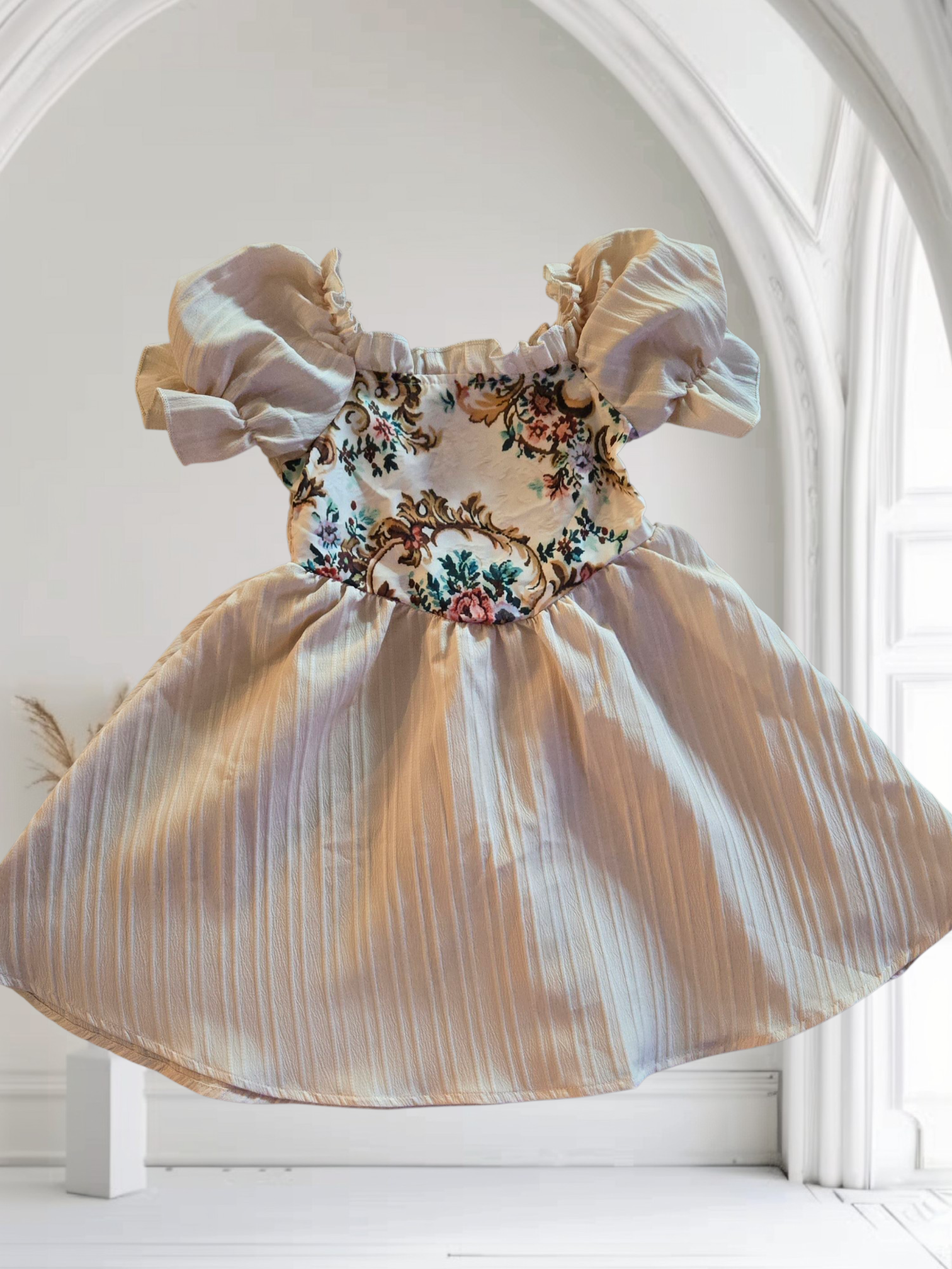 Girl's Vintage Elegant Puff Sleeve Rose Print Dress