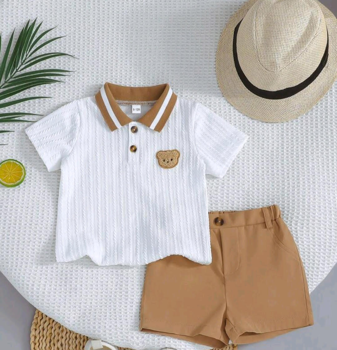 Toddler Boy Polo & Shorts Set with Plush Teddy Bear Logo